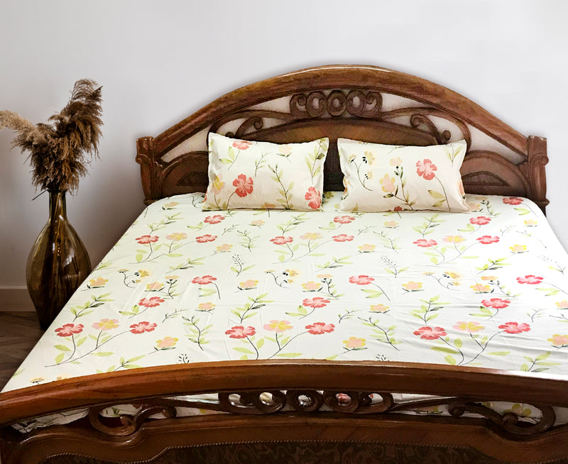 Oasis Home Collection  Cotton Bedsheet - Beige Rose -1 Bedsheet With 2 pillow covers