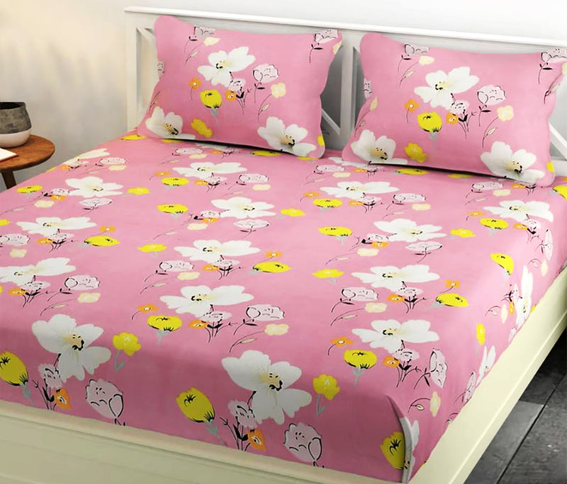 Oasis Home Collection  Cotton Bedsheet - Pink Flower -1 Bedsheet With 2 pillow covers