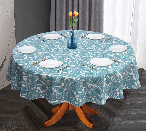 Oasis Home Collection Cotton Printed Round Table Cloth - 6 Seater - Blue, Yellow, Grey