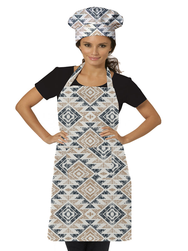 Oasis Home Collection Cotton Printed Adult Apron With Chef Cap  -  Beige Ikat