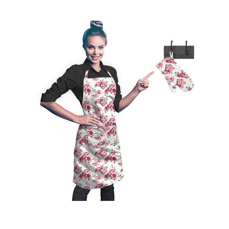 Oasis Home Collection Cotton Printed Apron & Glove  - White