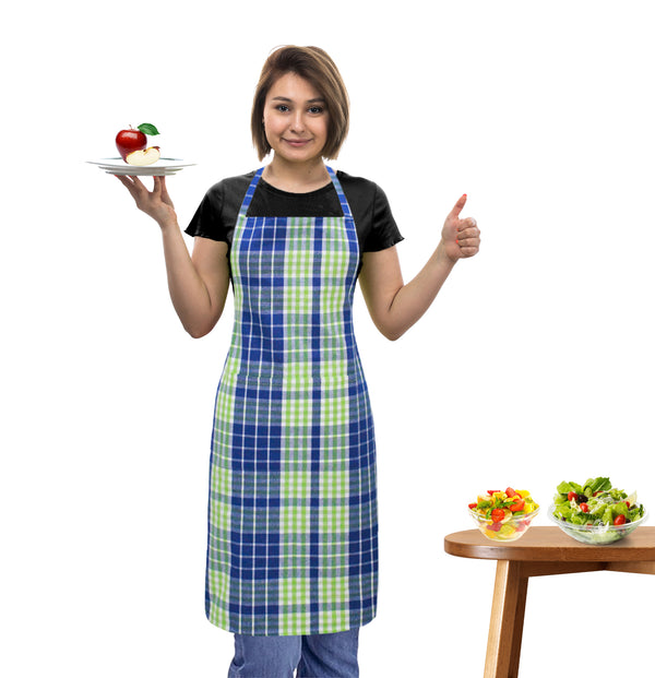 Oasis Home Collection Cotton Yarn Dyed  Apron Free Size  -Green & Blue  - Checked Pattern
