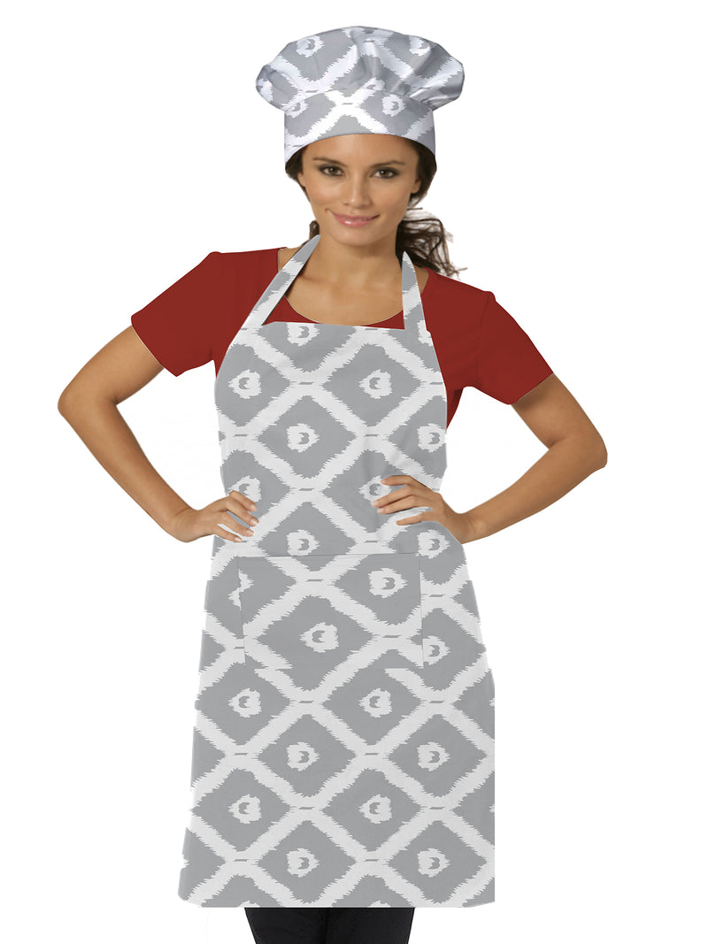 Oasis Home Collection Cotton Printed Adult Apron With Chef Cap  -  Grey Ikat