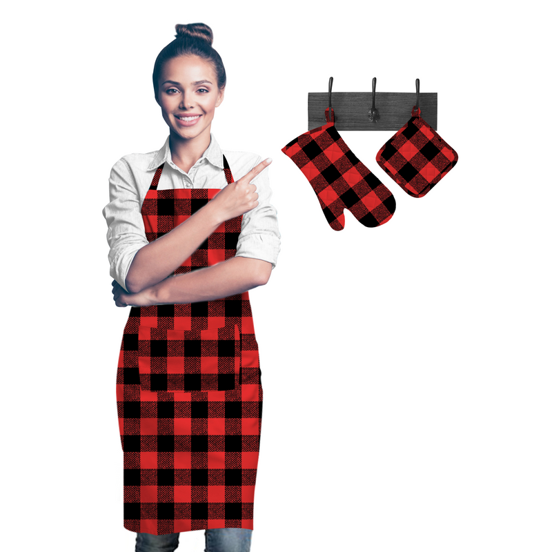 Oasis Home Collection Cotton Apron, Glove & Pot Holder Set - Red Check - 3 Piece Pack
