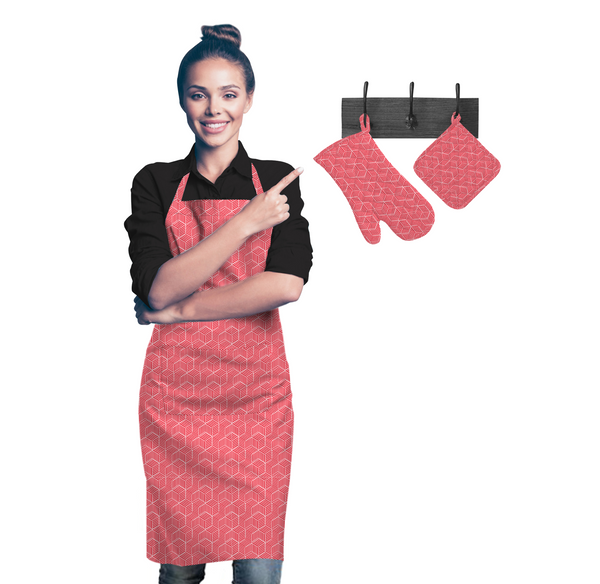 Oasis Home Collection Cotton Apron, Glove & Pot Holder Set - Red Octagon - 3 Piece Pack