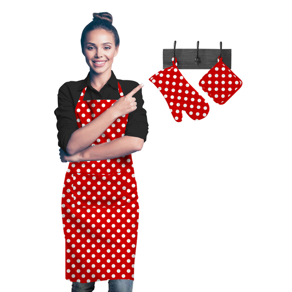 Oasis Home Collection Cotton Apron, Glove & Pot Holder Set - Red Dot - 3 Piece Pack