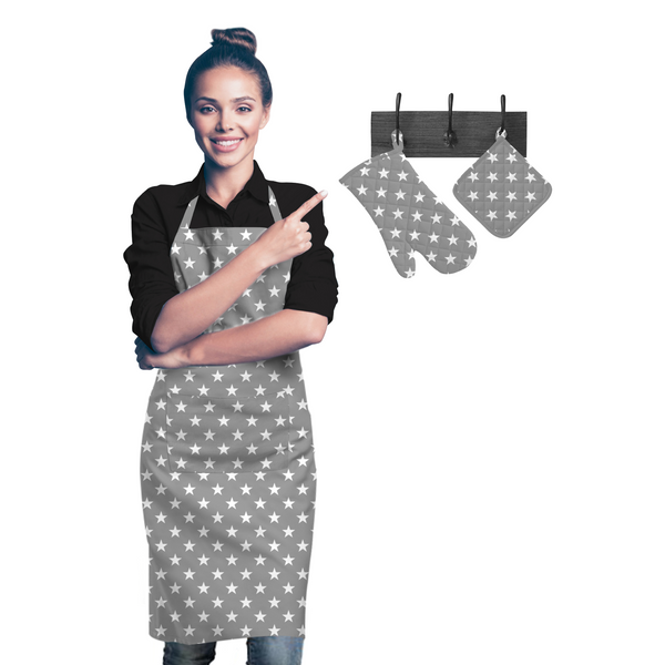 Oasis Home Collection Cotton Apron, Glove & Pot Holder Set - Grey Star - 3 Piece Pack