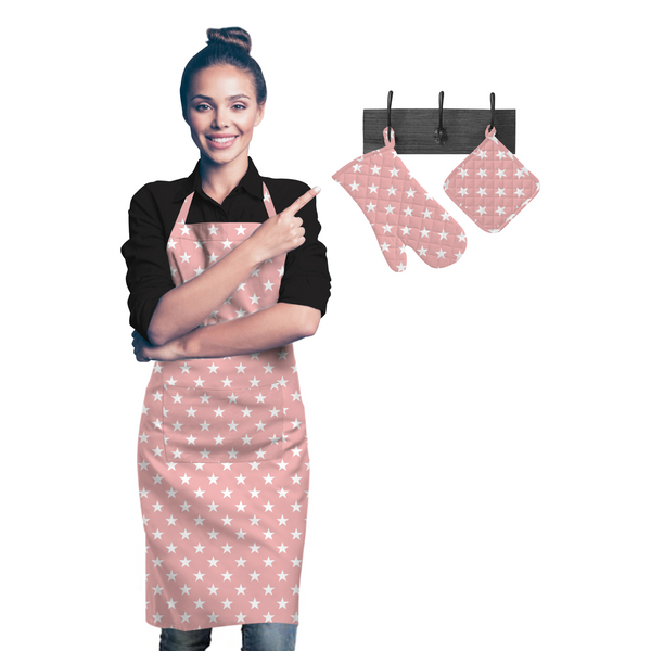 Oasis Home Collection Cotton Apron, Glove & Pot Holder Set - Pink Star - 3 Piece Pack