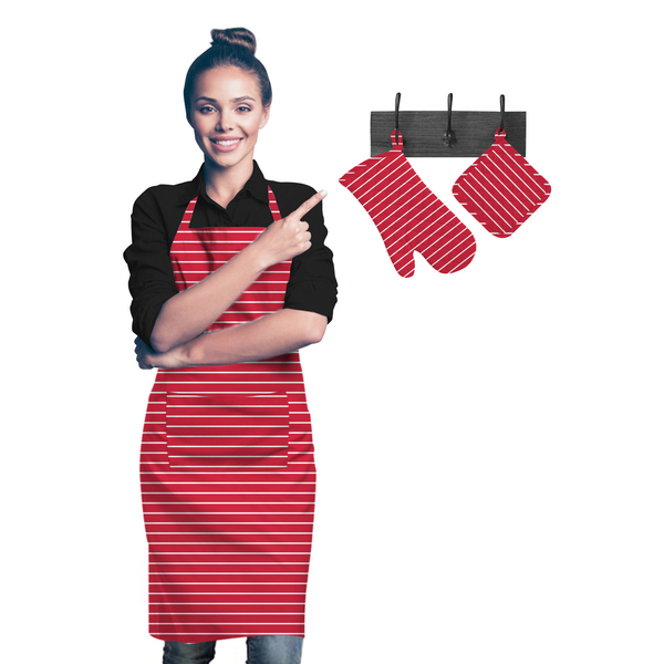 Oasis Home Collection Cotton Apron, Glove & Pot Holder Set - Red Stripe - 3 Piece Pack