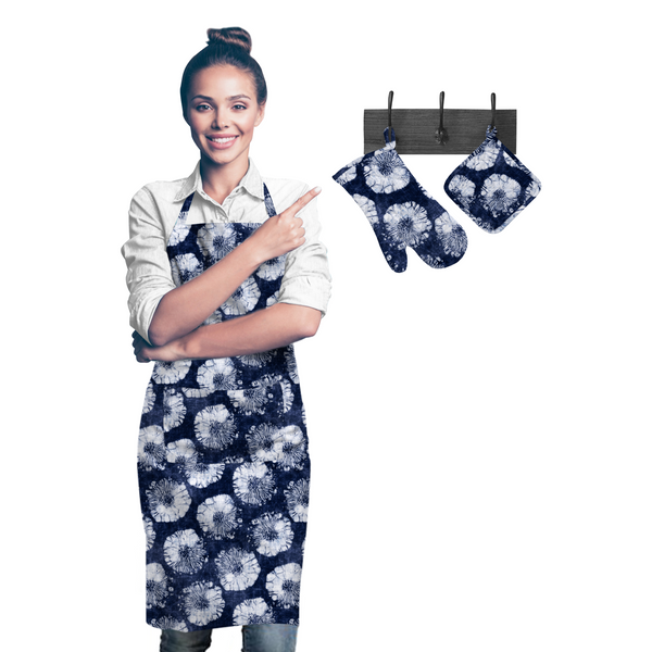 Oasis Home Collection Cotton Apron, Glove & Pot Holder Set - Blue Ring - 3 Piece Pack