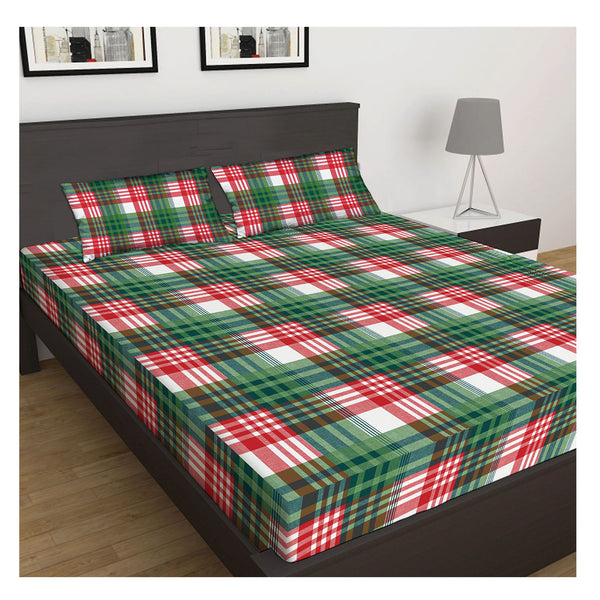 Oasis Home Collection  Cotton Bedsheet - K Green Checked -1  Bedsheet With 2 pillow covers