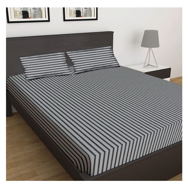 Oasis Home Collection Cotton Bedsheet - Grey Stripe -1 Bedsheet With 2 pillow covers