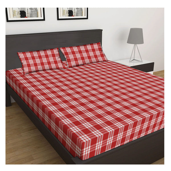 Oasis Home Collection  Cotton Bedsheet - K Red Checked-1  Bedsheet With 2 pillow covers