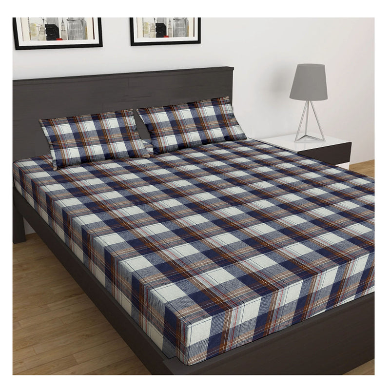Oasis Home Collection Cotton Bedsheet - Blue and Brown Checked -1 Bedsheet With 2 pillow covers