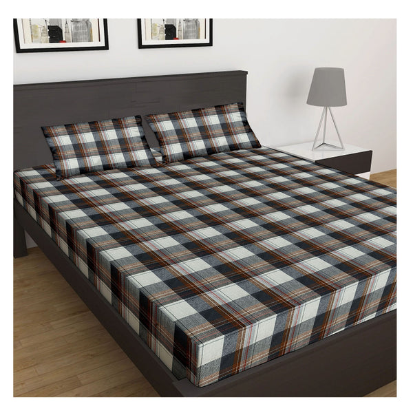 Oasis Home Collection Cotton Bedsheet - Grey and Brown Checked -1  Bedsheet With 2 pillow covers