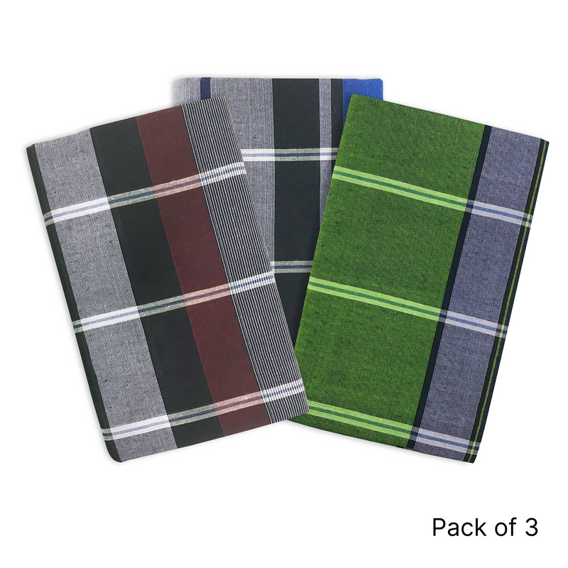 Oasis Home Collection Cotton Open Ended -Free Size Ready To Wear Great Khali Checks Lungi - 3 Piece Pack