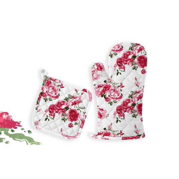 Oasis Home Collections Printed  Pot Holder And  Gloves Set - White