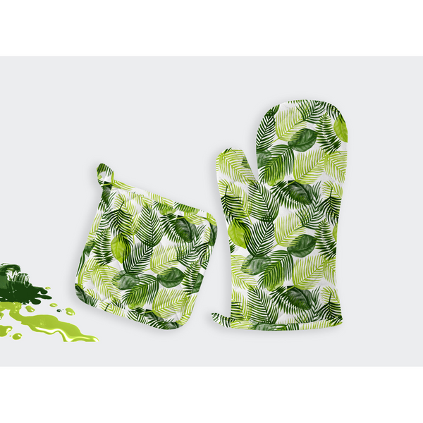 Oasis Home Collections Printed  Pot Holder And  Gloves Set - Green Leaf