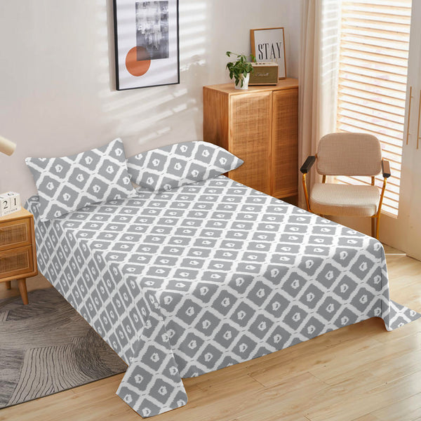Oasis Home Collection  Cotton Bedsheet - Grey Ikat -1 Bedsheet With 2 pillow covers