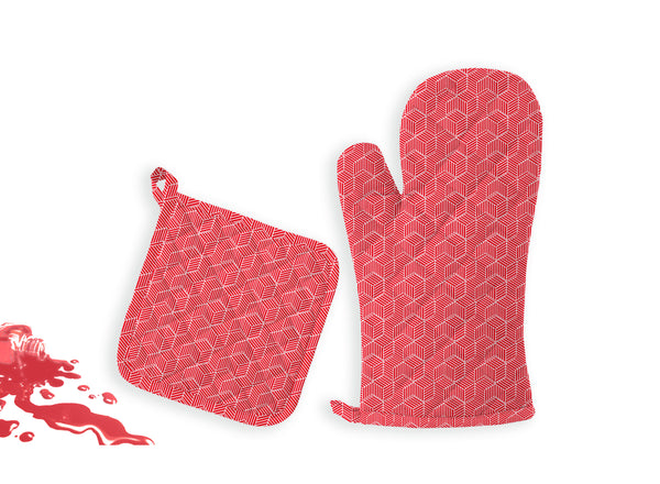 Oasis Home Collections Printed Pot Holder And  Gloves Set - Red