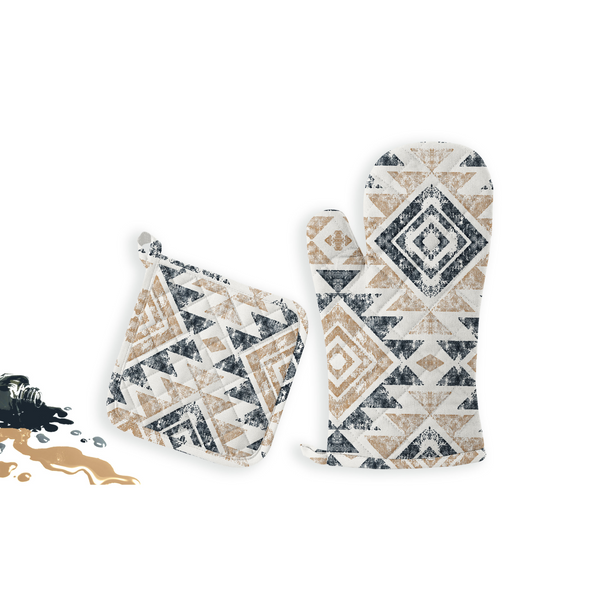 Oasis Home Collections Printed  Pot Holder And  Gloves Set  - Beige Ikat