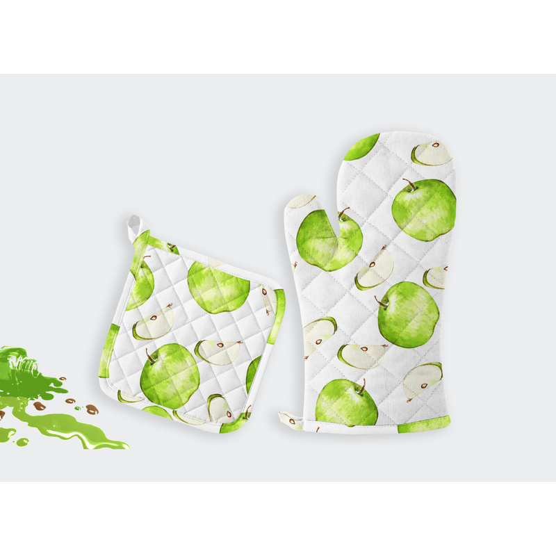 Oasis Home Collections Printed Pot Holder And Gloves Set - Greeen Apple