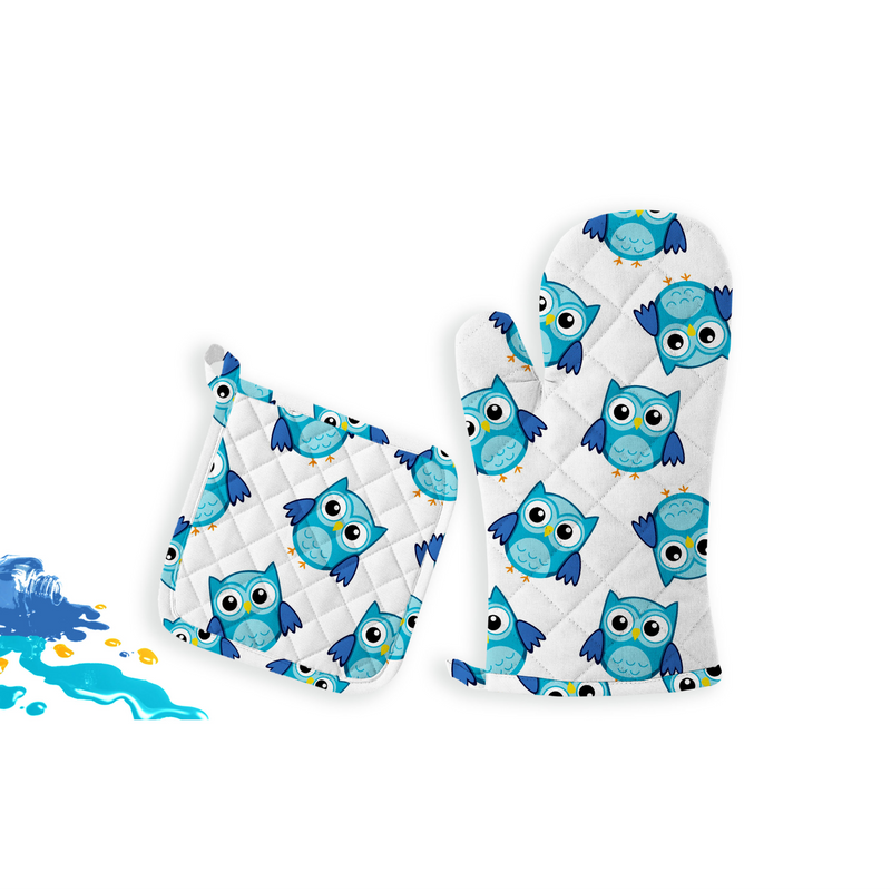 Oasis Home Collections Printed  Pot Holder And  Gloves Set - Owl Blue