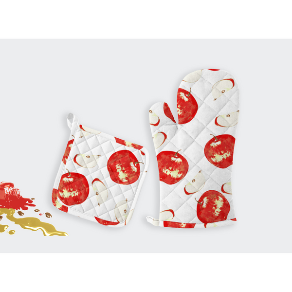 Oasis Home Collections Printed Pot Holder And Gloves Set - Red Apple