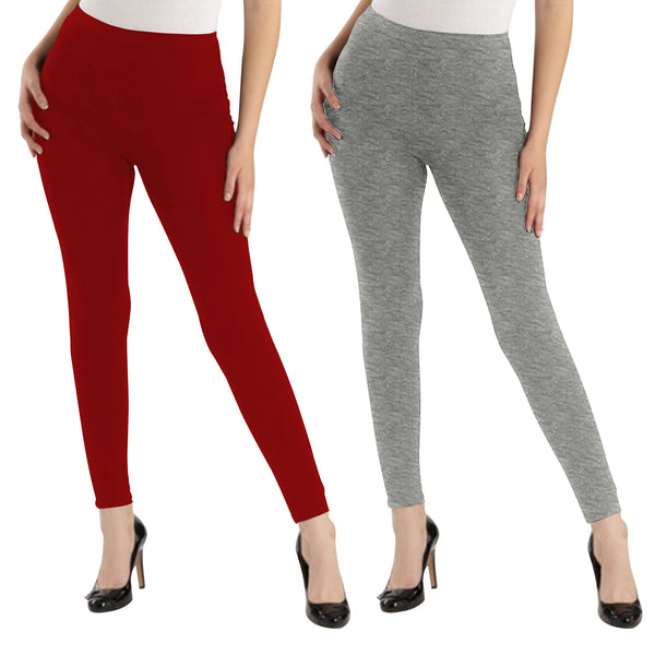 Oasis Home Collection Ultra Soft Stretchable Solid Color Cotton Ankle Fit Leggings -  Red , Grey