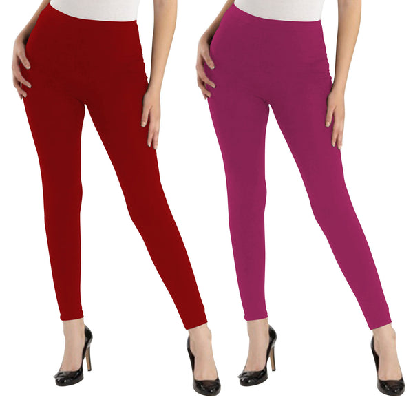 Oasis Home Collection Ultra Soft Stretchable Solid Color Cotton Ankle Fit Leggings - Red , Pink