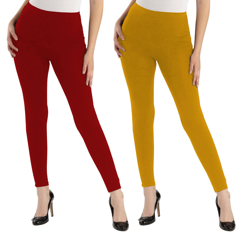 Oasis Home Collection Ultra Soft Stretchable Solid Color Cotton Ankle Fit Leggings - Red , Yellow