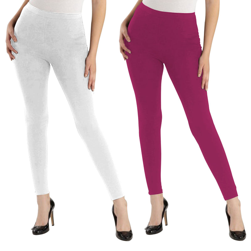 Oasis Home Collection Ultra Soft Stretchable Solid Color Cotton Ankle Fit Leggings - White , Pink