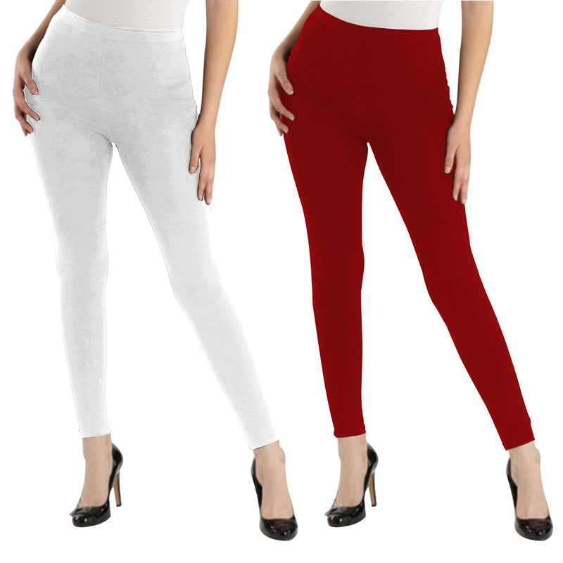 Oasis Home Collection Ultra Soft Stretchable Solid Color Cotton Ankle Fit Leggings - White , Red