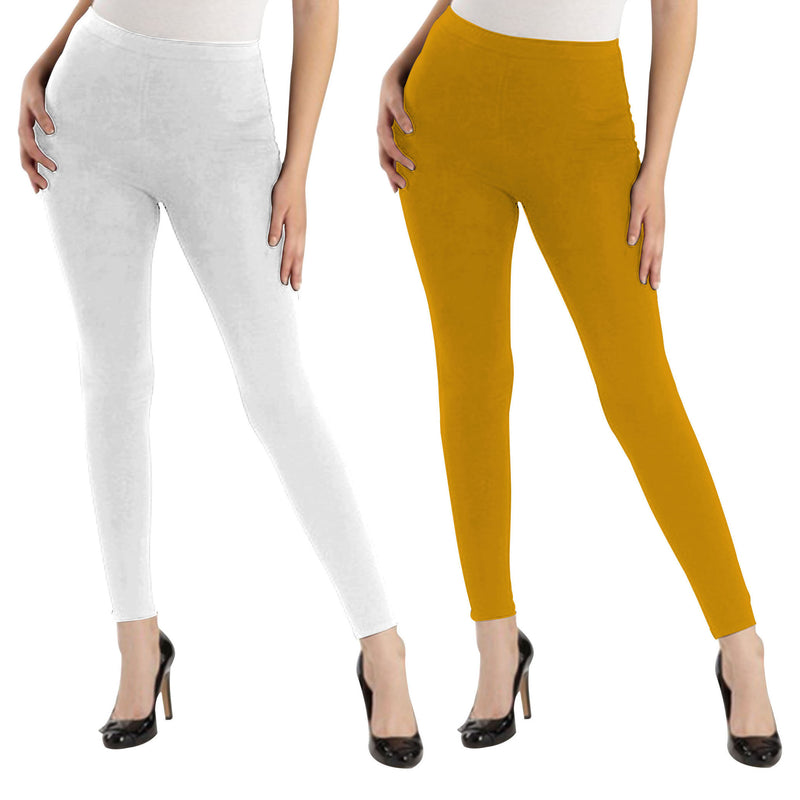 Oasis Home Collection Ultra Soft Stretchable Solid Color Cotton Ankle Fit Leggings - White , Yellow
