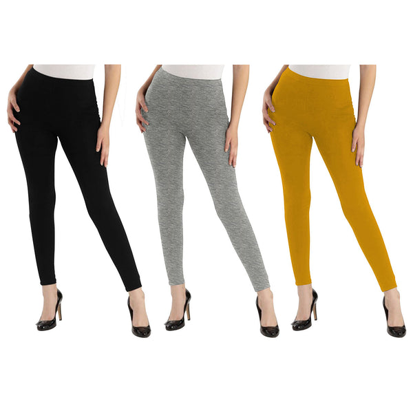 Oasis Home Collection Ultra Soft Stretchable Solid Color Cotton Ankle Fit Leggings -  Black , Grey , Yellow
