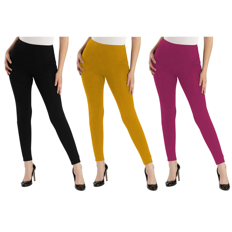Oasis Home Collection Ultra Soft Stretchable Solid Color Cotton Ankle Fit Leggings - Black , Yellow , Pink